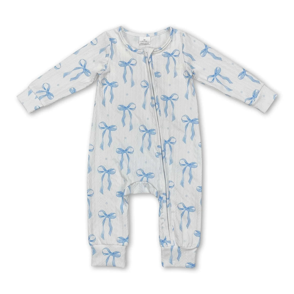 Little Blue Bow zippered long sleeve romper in soft blue, featuring a charming bow pattern, suitable for newborns to 3 years.