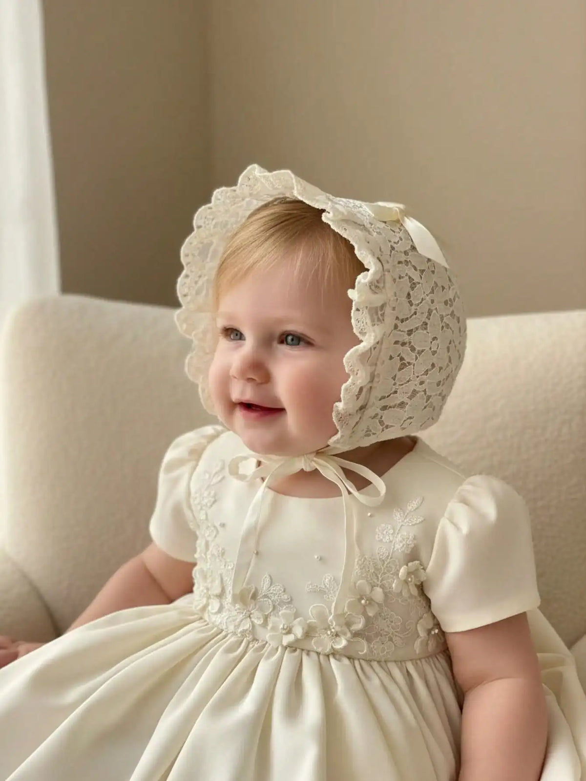 Penelope Ruffled Lace Embroidered Flower Baby Bonnet - 2 Color Options