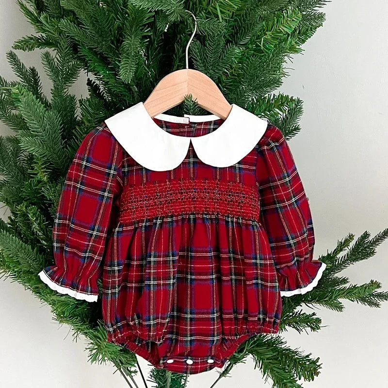 "Pamela Plaid" Smocked Long Sleeve Bubble - Classic Peter Pan Collar
