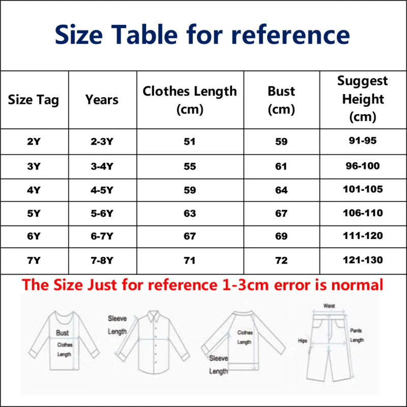 Size chart for the 'School Daze' Casual Dress providing guidance on appropriate clothing length and bust measurements for ages 2 to 7.