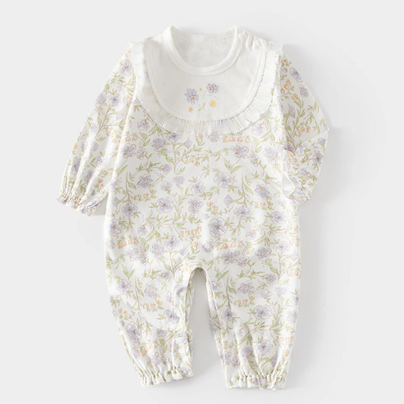 Frills and Fleurs Baby Rompers in white with delicate lavender floral accents, made from cozy cotton for a stylish look.