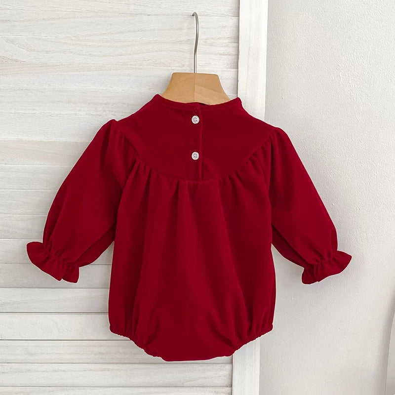 "Bow-Licious" Holiday Red Smocked Bubble - Long Sleeves