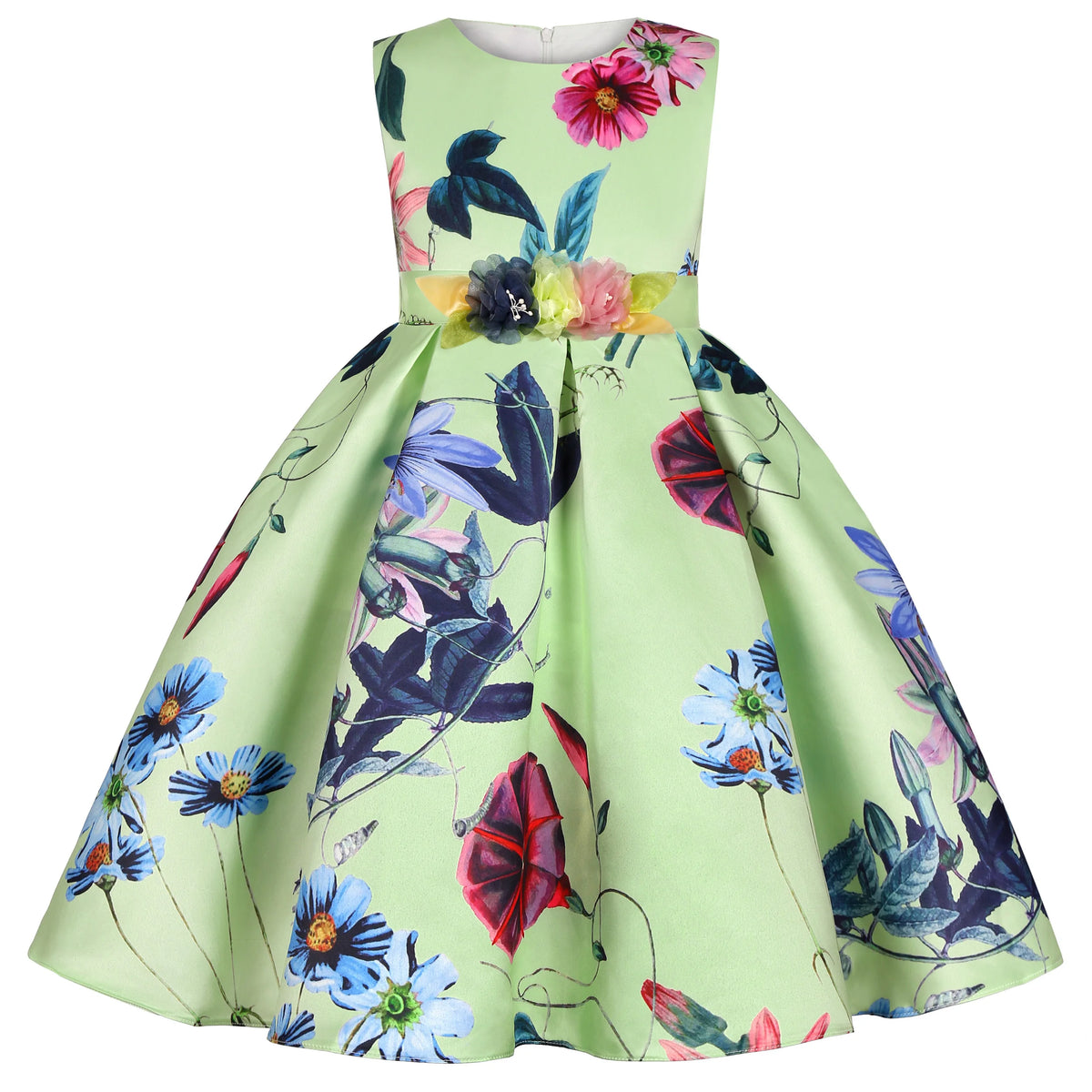 Little Girls Tropical Garden Party Dress in six vivid colors with floral print, sleeveless, gathered skirt.