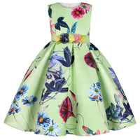 Little Girls Tropical Garden Party Dress in six vivid colors with floral print, sleeveless, gathered skirt.