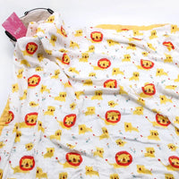 Two-layer bamboo-cotton baby swaddle blanket with lion and kitten animal print for newborns
