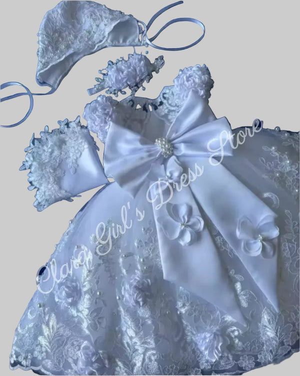 Eden Beaded Lace Appliqué Flower Girl Gown with Matching Bonnet, large satin bow and pearl accents