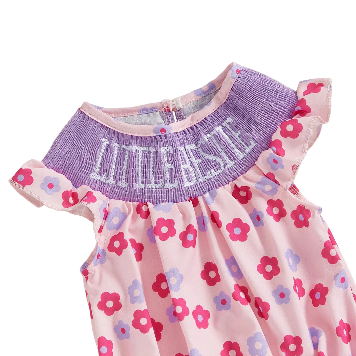 Pink and purple floral romper for babies with ruffle sleeves and little sister text for infant girls
