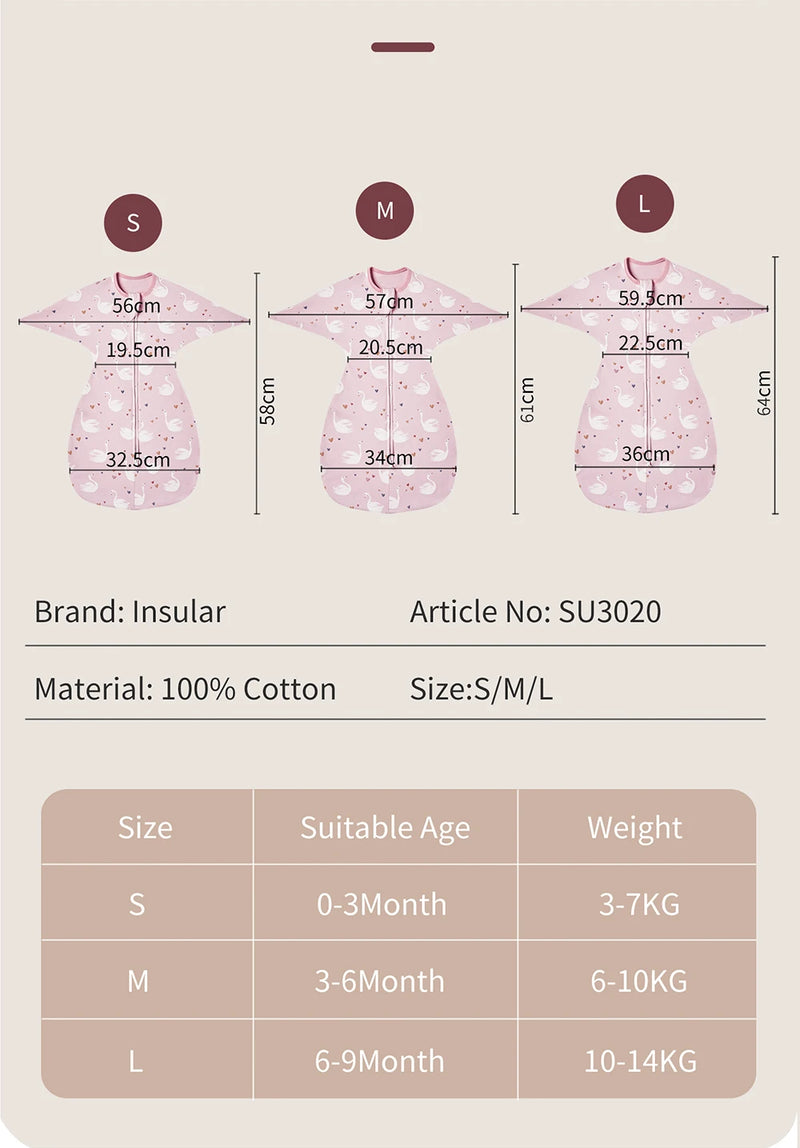 Sleepytime Anti-Kick Infant Sleep Sacks with measurement guide for sizes, helping parents choose the perfect fit.