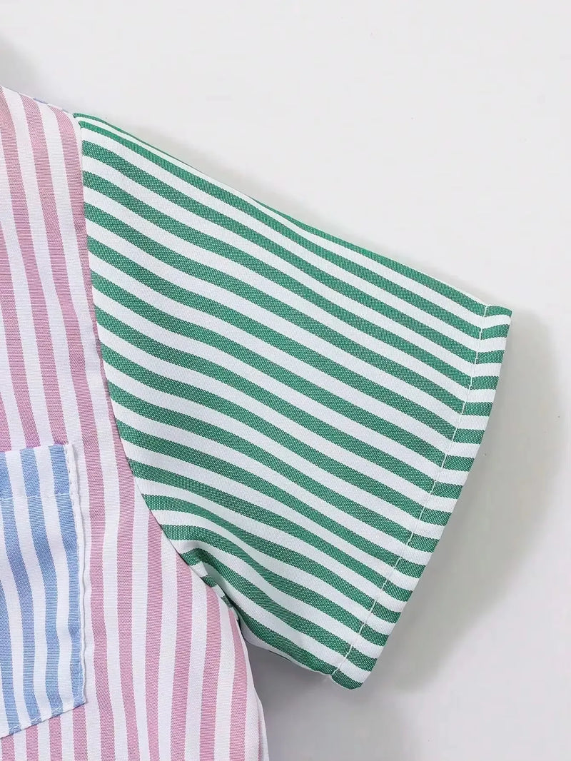 Detail of the sleeve on the Boys Striped Shorts Set, showcasing the green and white striped design.