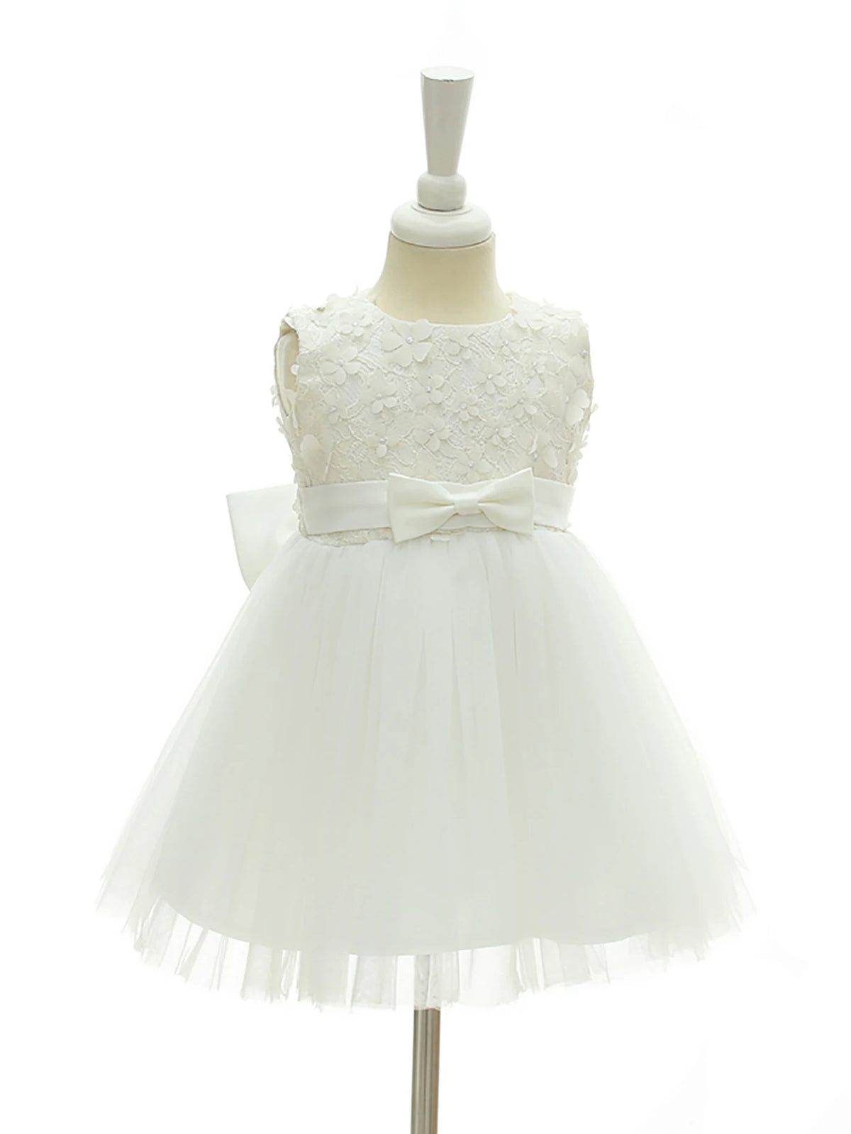 Adeline White Tulle Special Occasion Dress with Bow Accents for girls, floral appliques, knee-length tulle skirt