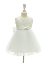 Adeline White Tulle Special Occasion Dress with Bow Accents for girls, floral appliques, knee-length tulle skirt