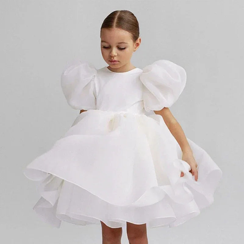Celeste Elegant Dress for Girls - Puff Sleeves, Ruched Skirt, Wrinkle-Resistant Fabric - The Palm Beach Baby