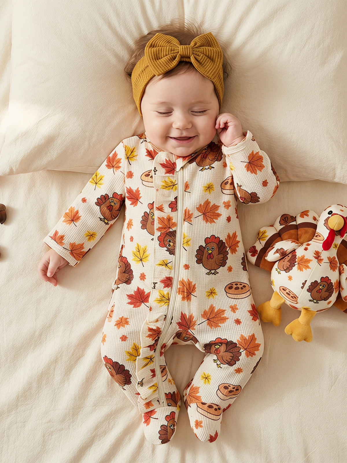 Baby wearing fall-themed turkey and leaf print footie romper with mustard headbow and matching plush toy.