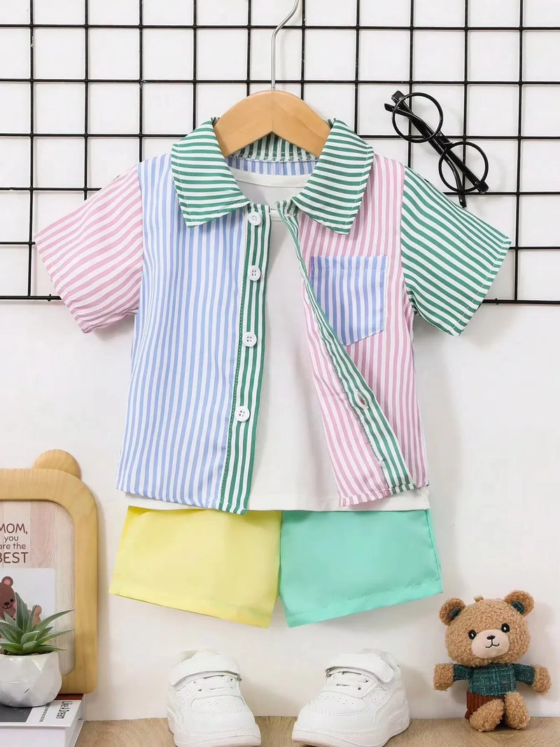 Boys Striped Shorts Set featuring a colorful button-down shirt and comfy elastic waist shorts, perfect for sunny days.