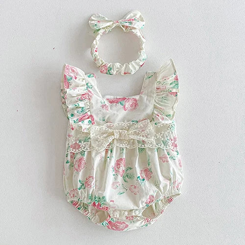 Vintage Outfits - Cute floral romper adorned with ruffles and a matching headband, perfect for little ones.