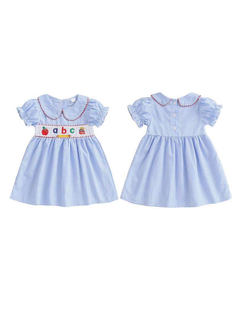 A front and back view of the ABCs Embroidered Girls Dress - Peter Pan Collar, displaying its delightful seersucker fabric and colorful embroidery.