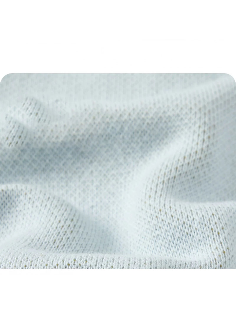 Textured fabric of the Boca Blue Fleurs Knit Long Sleeve Baby Romper showcasing its soft, breathable cotton material designed for comfort and mobility for babies.