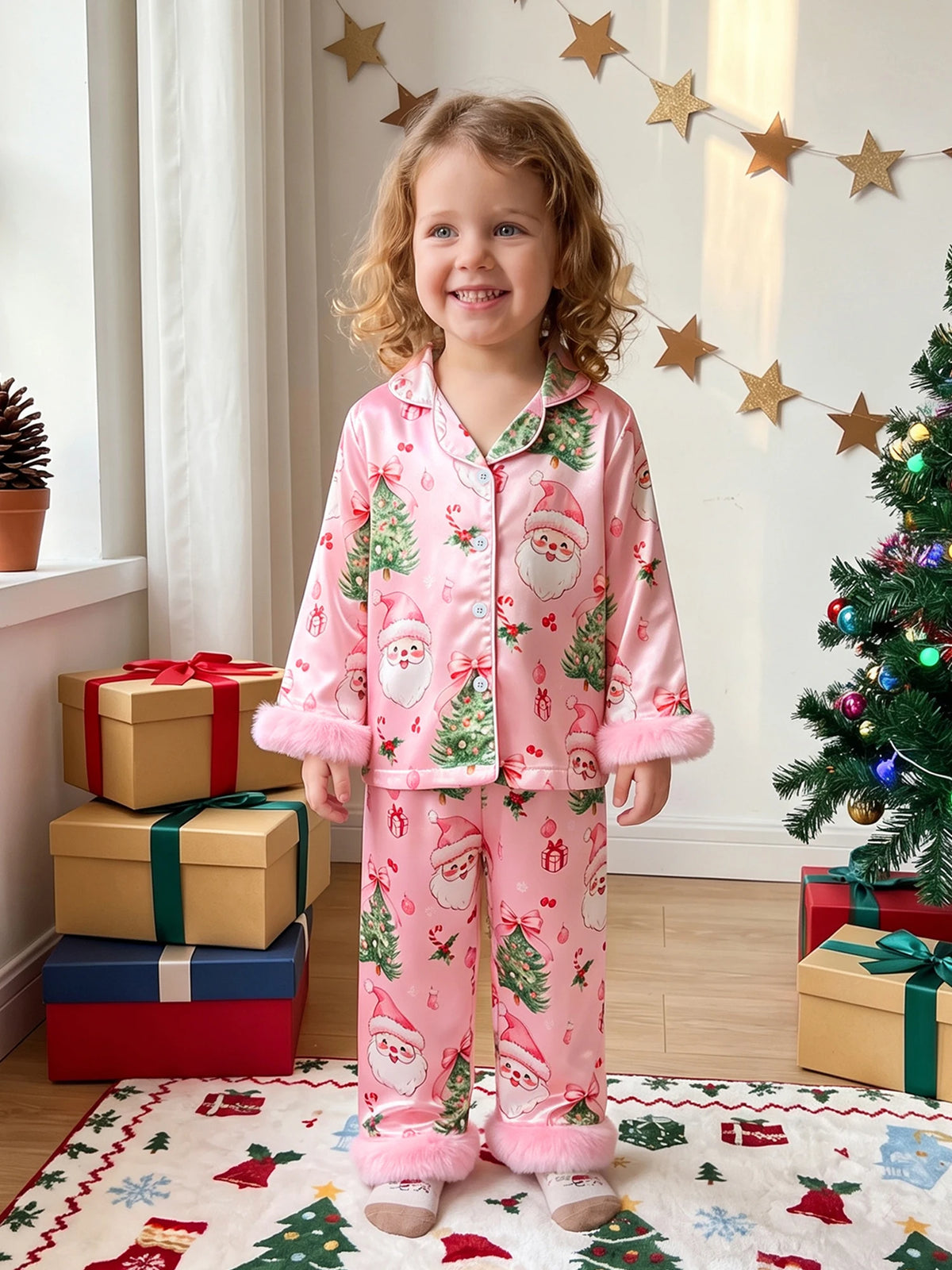 Girl wearing pink satin Christmas pajama set with Santa print and fuzzy cuffs, standing by gifts and a tree.