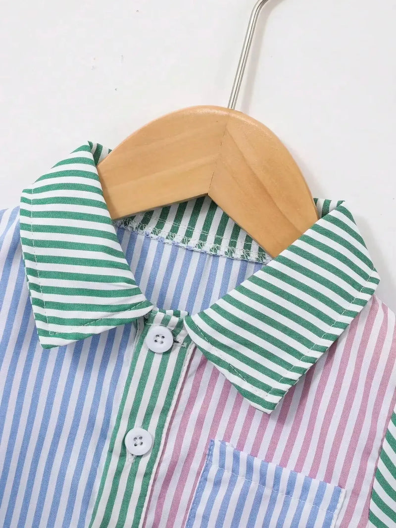 Close-up of the collar of the Boys Striped Shorts Set, highlighting the playful striped pattern in vibrant colors.