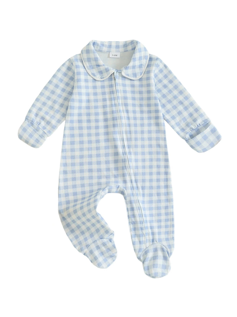 Baily Checked Footie in Boca Blue color displayed flat, highlighting its stylish checked pattern and practical zip closure, ideal for baby clothing.