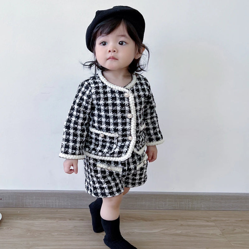 Chic Two-Piece Tweed Shorts and Coat Set - Black and White