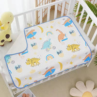 Childrens Waterproof Changing Pad in Cute Prints on a crib, cotton cover with dinosaurs and rainbow design, blue trim.