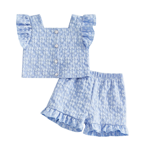 Blue floral two-piece girls' bloomer set with button-front top and frilled, ruffled shorts.