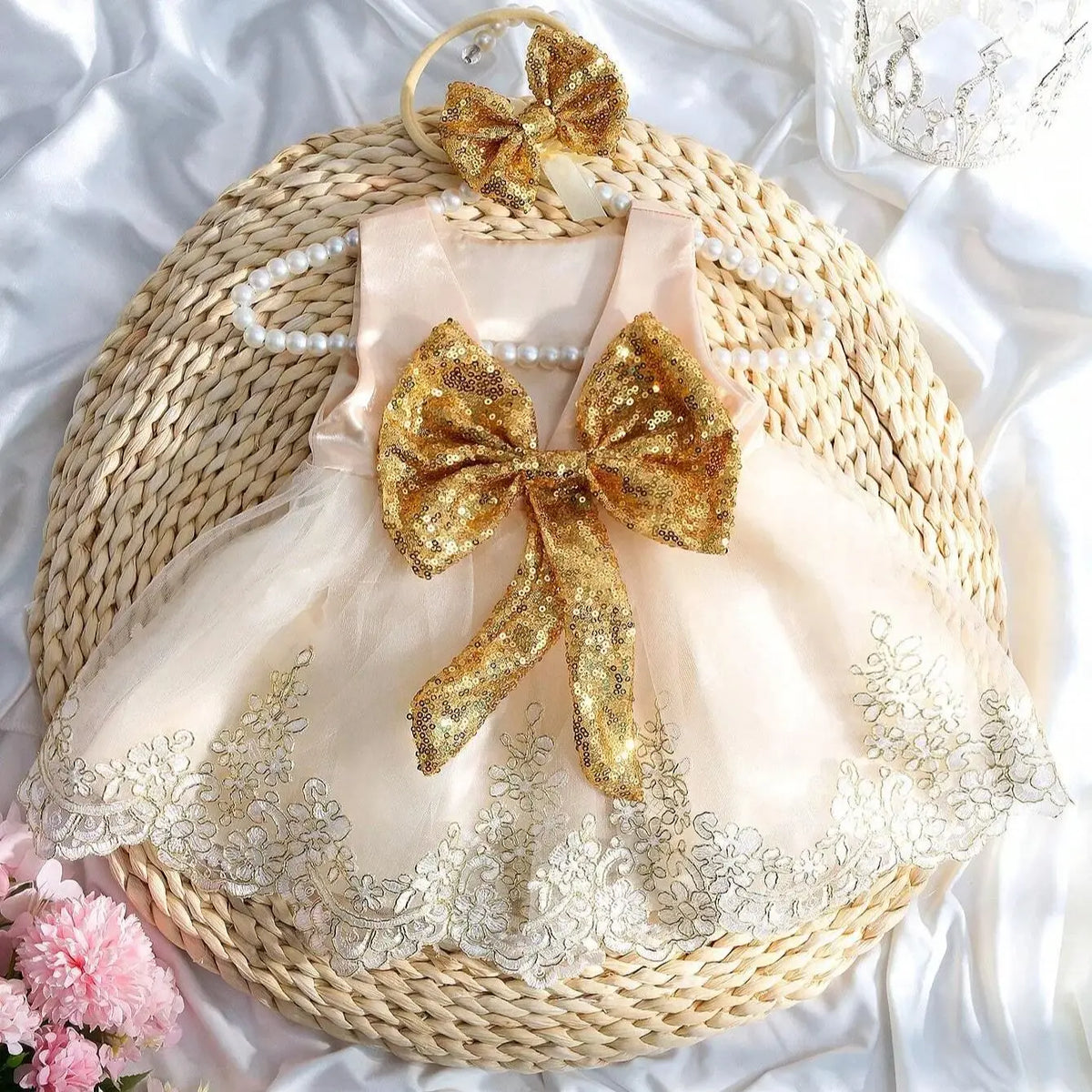 Infant dress with gold sequin oversized bow, pale pink bodice, tulle skirt, lace hem; matching headband with bow.