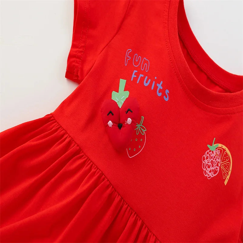 "Fruity Fun" Appliqued Fruits Girls Dress - Playful Red