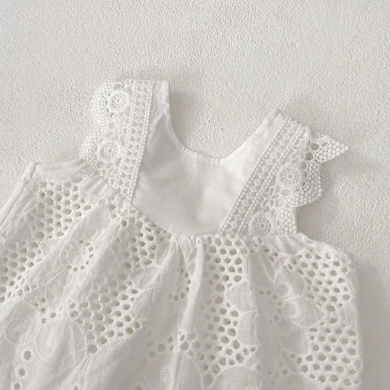 Close-up view of the "Summer Sweet" Lace Baby's Romper shoulder design, featuring delicate lace detailing that adds a touch of elegance for baby girls.