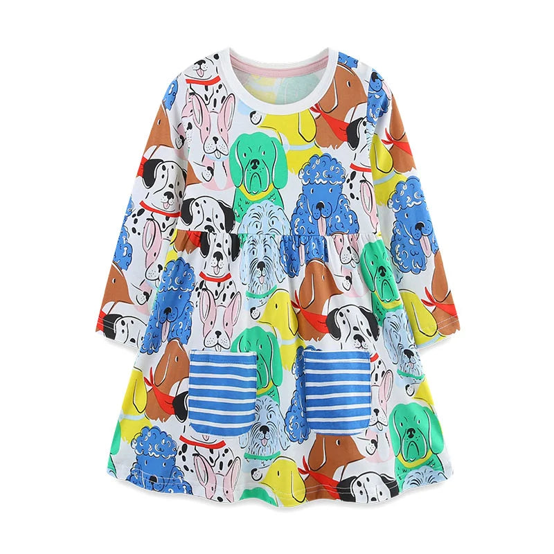 Puppy Dog Love Long Sleeve Little Girls Dress featuring a colorful pattern of playful dogs and vibrant designs, perfect for fun and comfort.