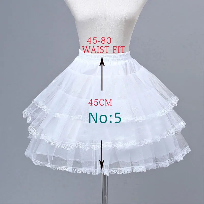 White children's petticoat crinoline underskirt with layered lace-trimmed tiers, six styles and lengths.