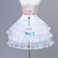 White children's petticoat crinoline underskirt with layered lace-trimmed tiers, six styles and lengths.