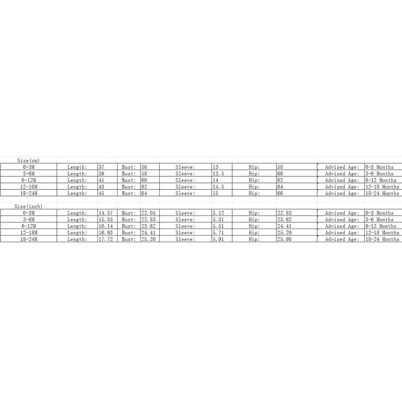 Size chart for the Three Little Bows & Frills Smocked Baby Dress displaying measurements for various age ranges from newborn to 24 months.