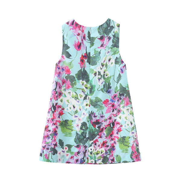 Back view of the 'Spring Fleurs' Little Girls A-Line Dress featuring vibrant floral print on a light blue background, perfect for spring and summer occasions.