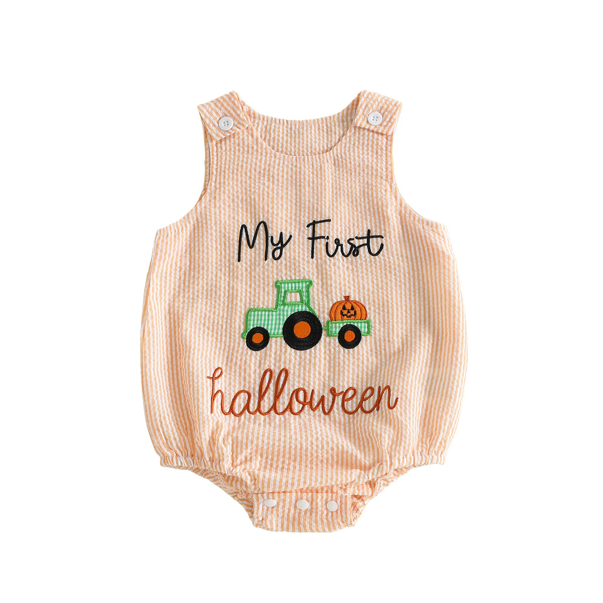 Orange and white seersucker baby bubble with "My First Halloween" text and green truck pumpkin applique.