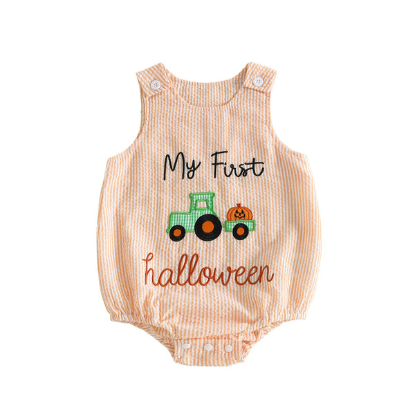 Orange and white seersucker bubble with "My First Halloween" text and green tractor pumpkin applique for babies.