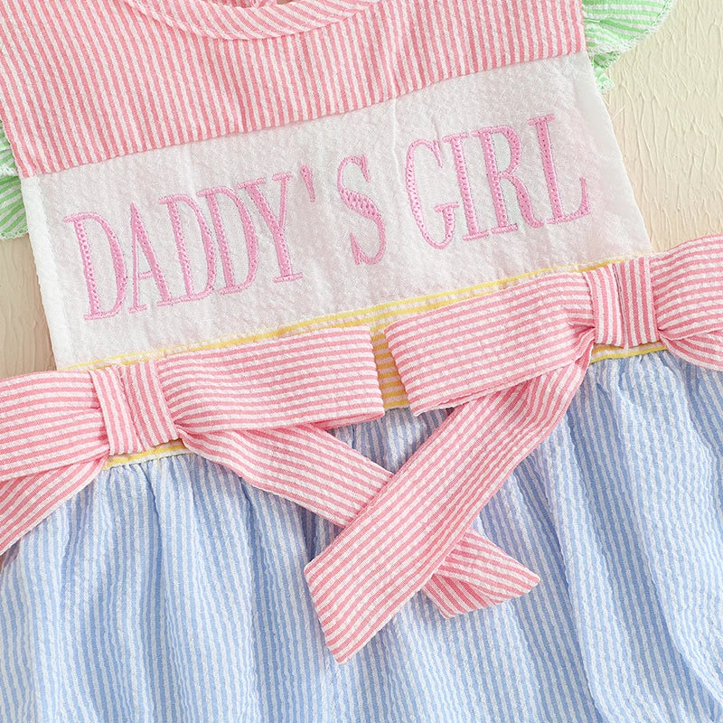 Striped seersucker bubble romper with pink bows and embroidery "Daddy's Girl" or "Mama's Mini" for newborns to 18 months.