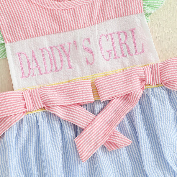 Striped seersucker bubble romper with pink bows and embroidery "Daddy's Girl" or "Mama's Mini" for newborns to 18 months.