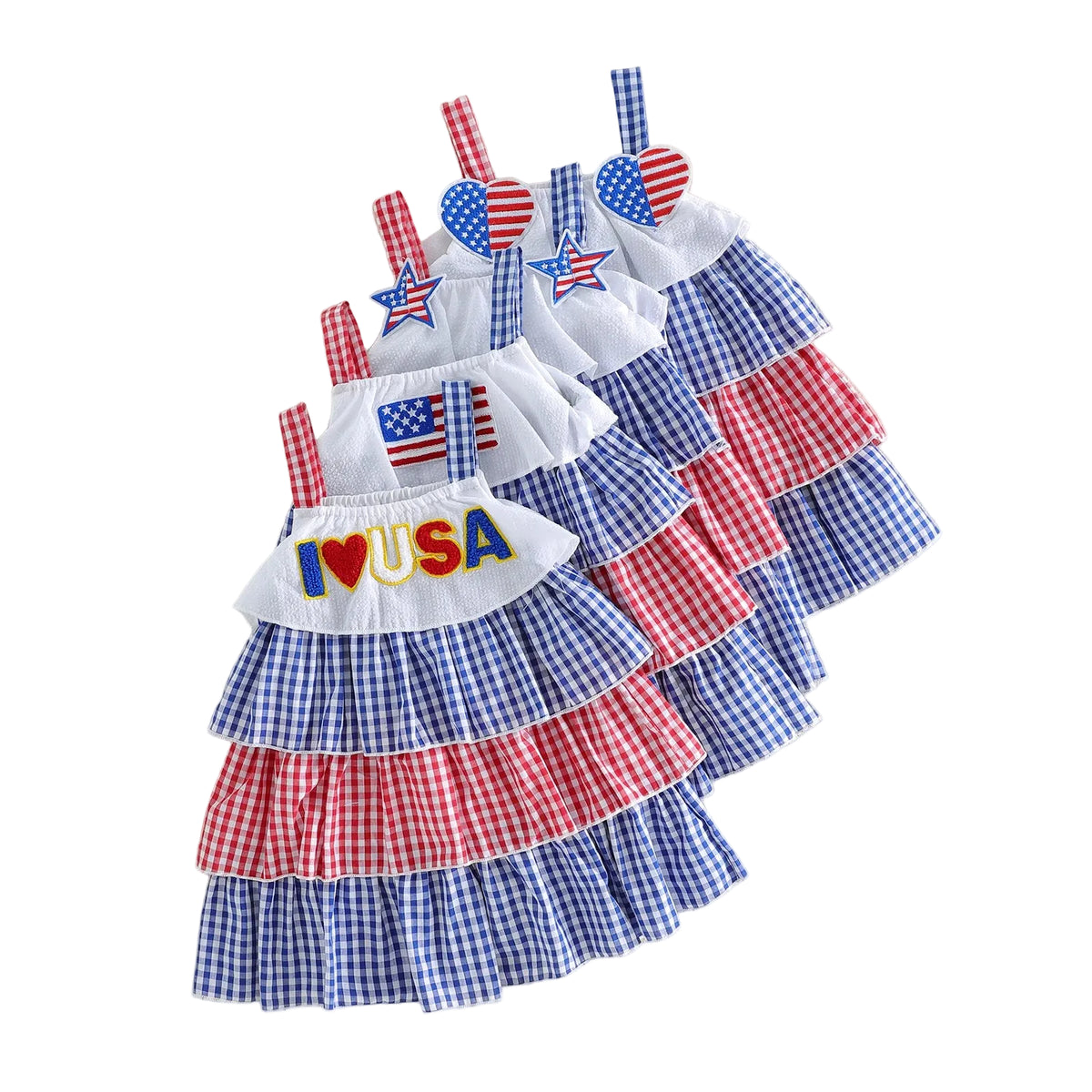 Pauline Patriotic Red, White, and Blue Tiered Toddler Party Dress - Adorable Frills - The Palm Beach Baby Esrimated 13-19 Day Shipping