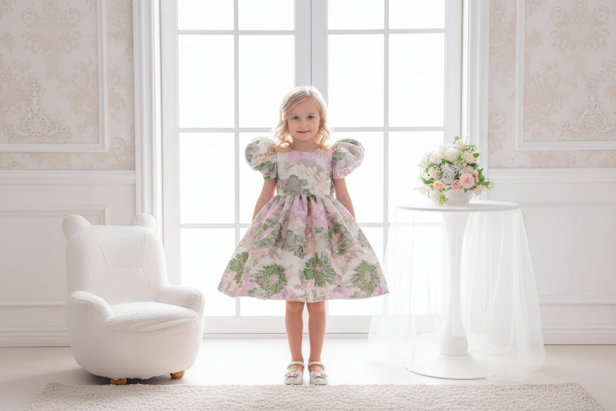Jacquard Pamela Princess Puff Flowers Dress, 2 Charming Designs, pink and spring green florals, puff sleeves, back bow.
