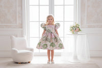 Jacquard Pamela Princess Puff Flowers Dress, 2 Charming Designs, pink and spring green florals, puff sleeves, back bow.