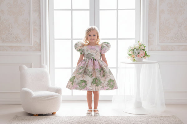 Jacquard Pamela Princess Puff Flowers Dress, 2 Charming Designs, pink and spring green florals, puff sleeves, back bow.