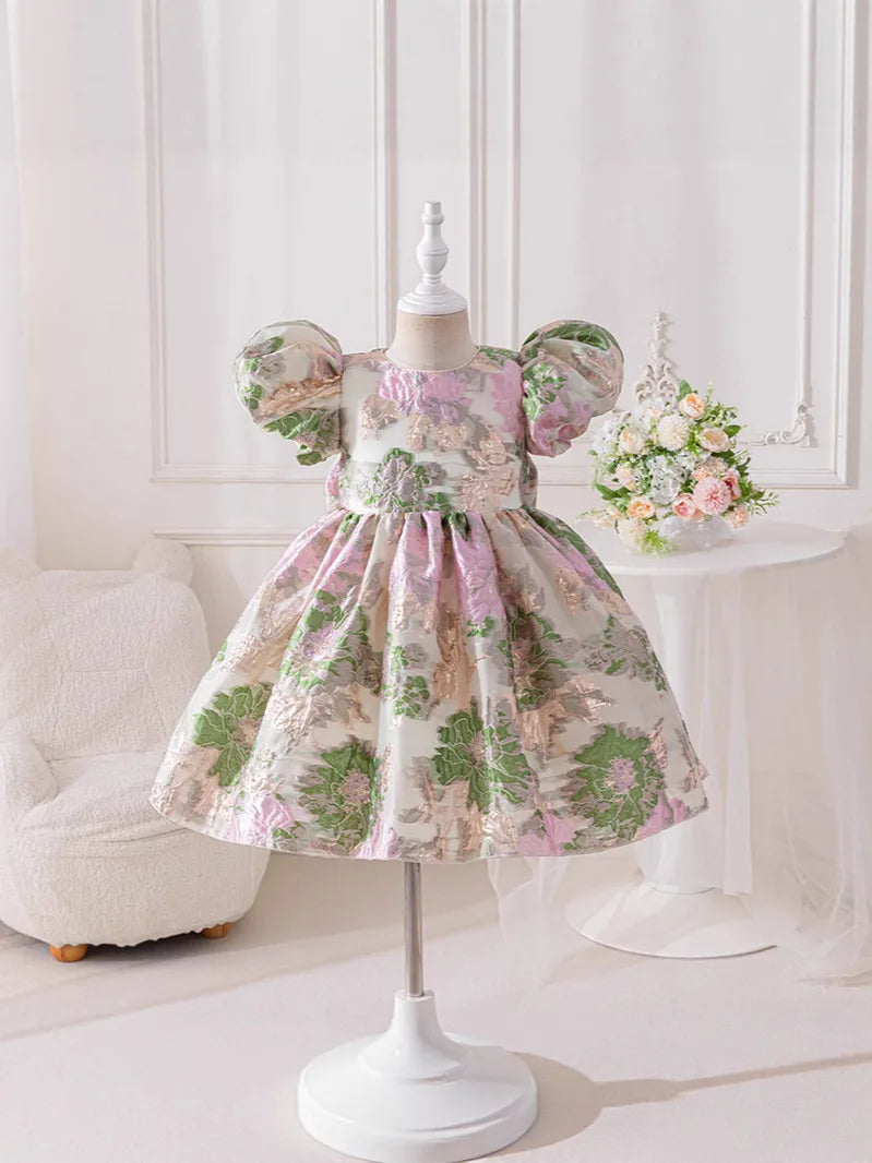 Pamela Princess Puff Flowers Dress in Elegant Jacquard - The Palm Beach Baby Estimated 12 - 20 Day Shipping