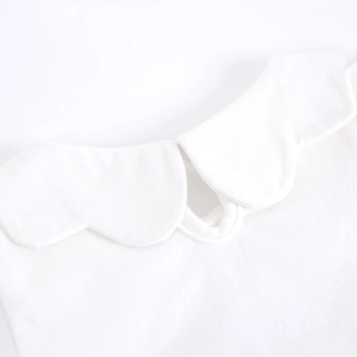 Close-up of a white garment featuring a wide, scalloped Peter Pan collar.