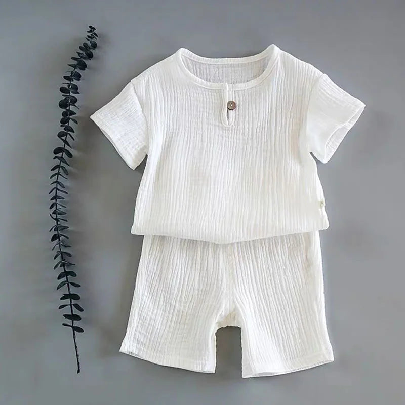 Classic Lightweight Children's Cotton Linen Shorts Set in crisp white, combining simplicity with style for everyday wear.
