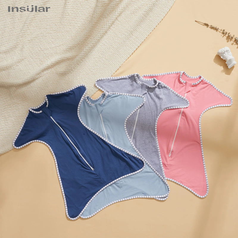 Three Cozy Cotton Anti-Kick Calming Baby Sleeping Sacks in navy, gray, and pink, perfect for stylish nursery décor.