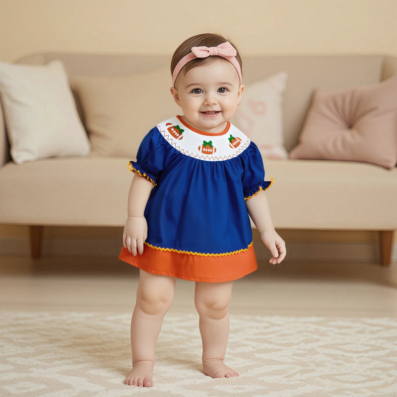 Football Mania Smocked Embroidered Dress - 3  Colors