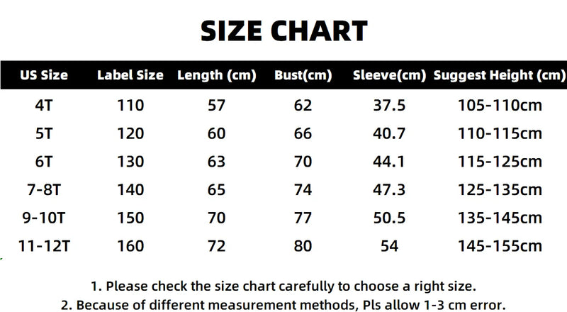 Size chart for the Preppy Darla Knit Dress Long Sleeves, providing measurement details for perfect fit, suitable for kids aged 5 to 12.