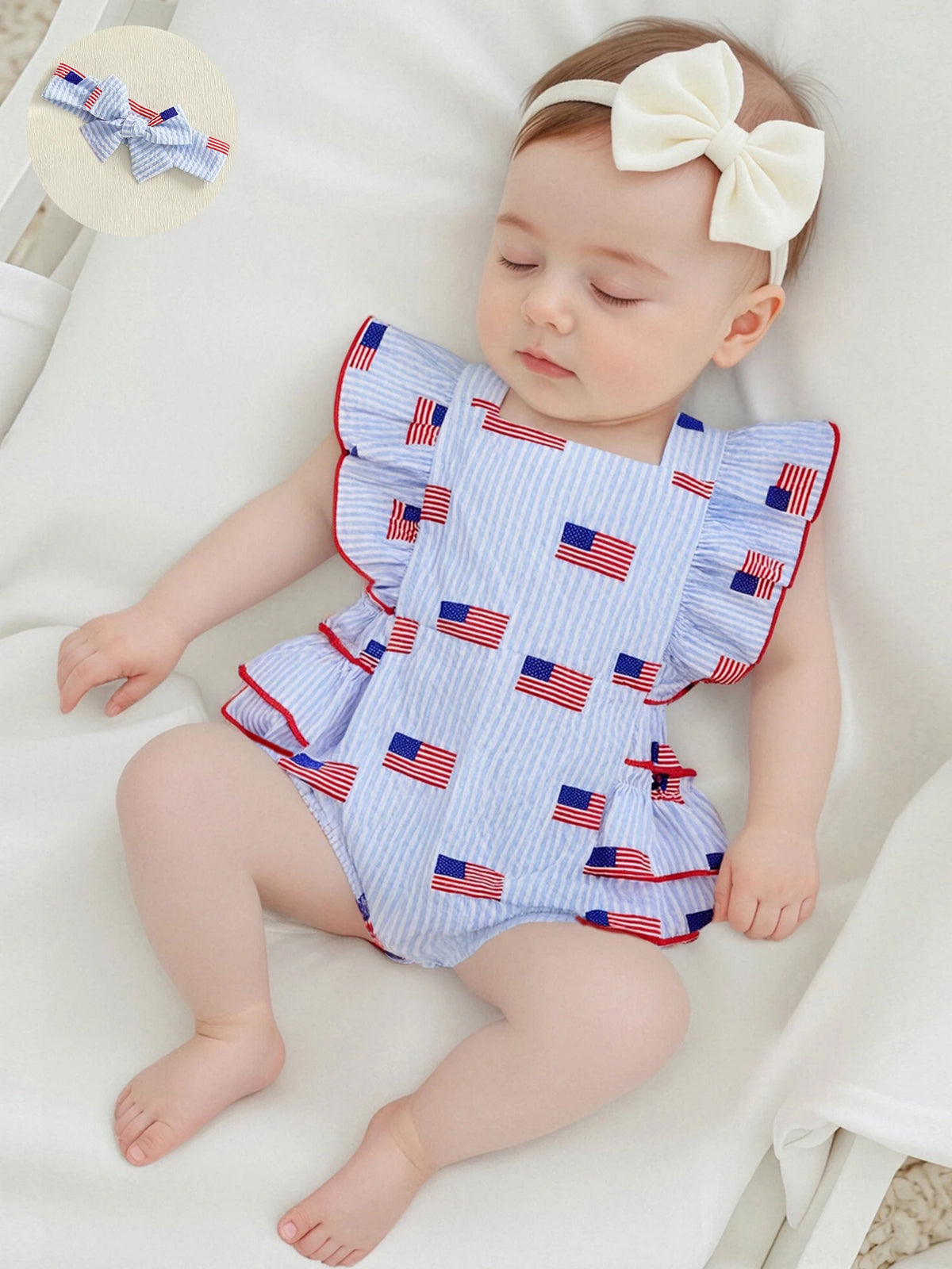 Independence Day Seersucker Splash Flag Print Baby Outfit - The Palm Beach Baby Estimated 12 - 19 Day Shipping